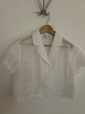 Sheer White Crochet-Panel Short Sleeve Button Cropped Blouse